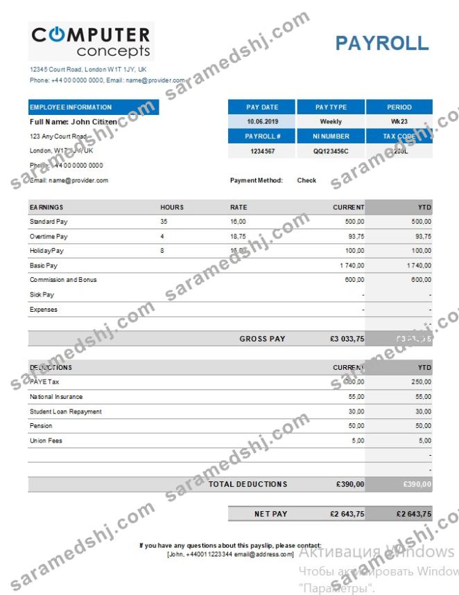 Computer corporation payroll template in Excel and PDF formats